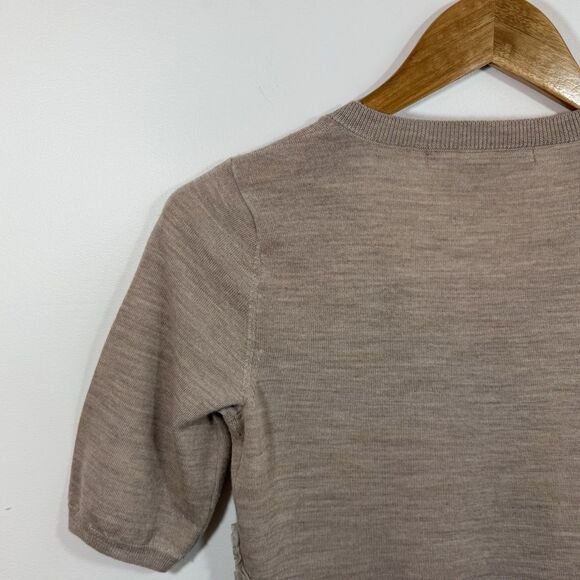 KNITTED & KNOTTED Anthropologie S Beige Wool Cardigan Sweater Cat Eye Ruffles - Picture 4 of 13